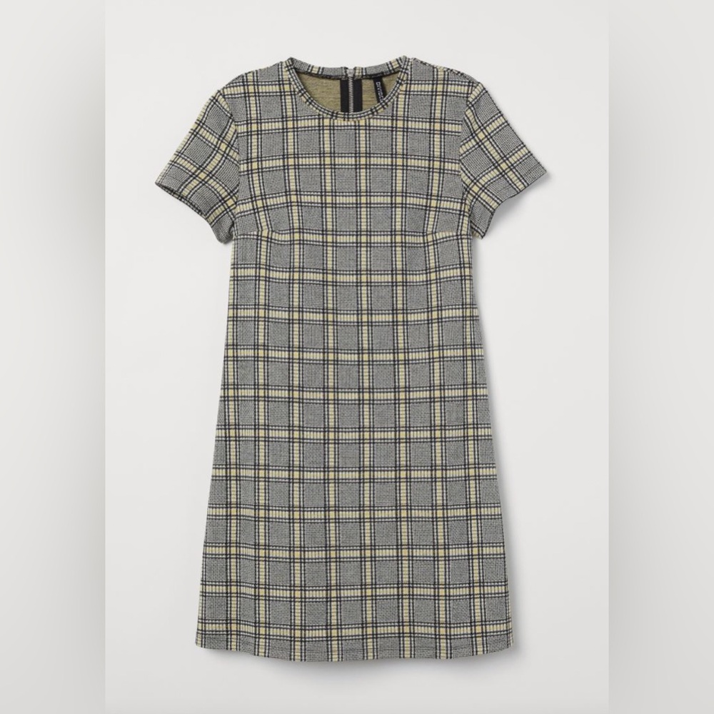 H&M - Short Sleeve Yellow/Black/White Checkered Mini Jersey Dress - Size 2